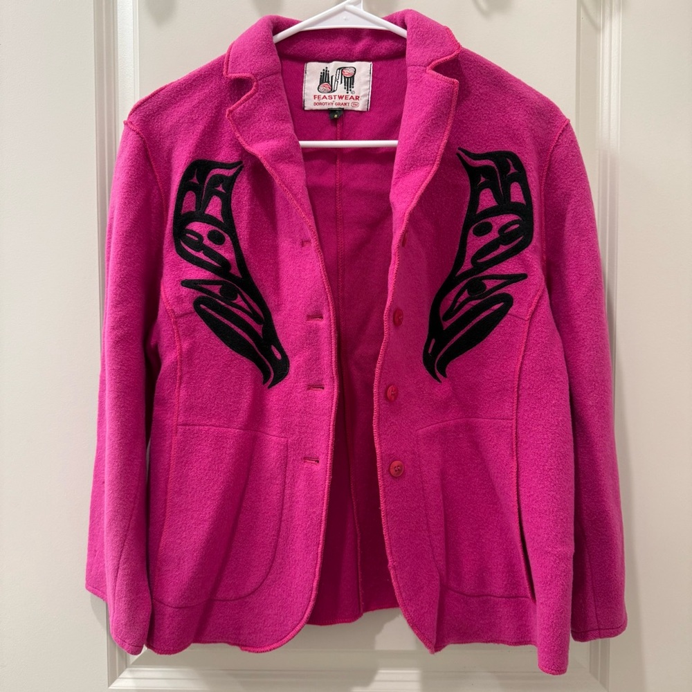 Dorothy Grant Feastwear Pink Wool Jacket Size 8 Haida Applique Native Art Canada